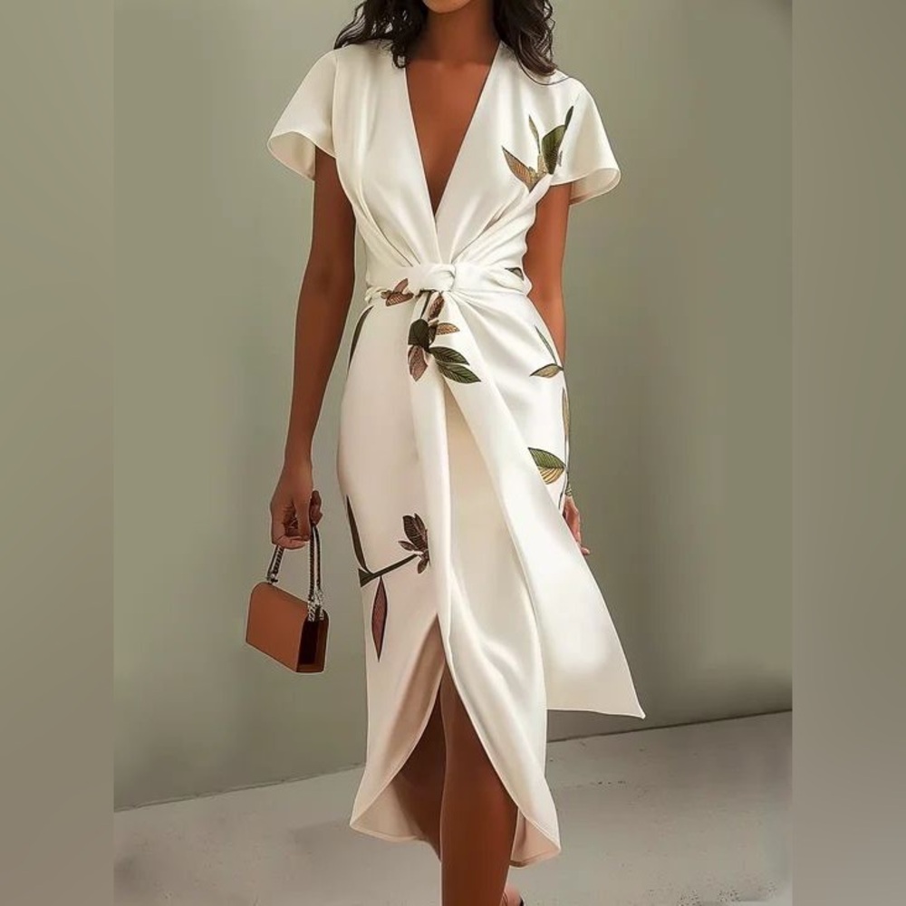 Elegant White Floral Wrap Dress